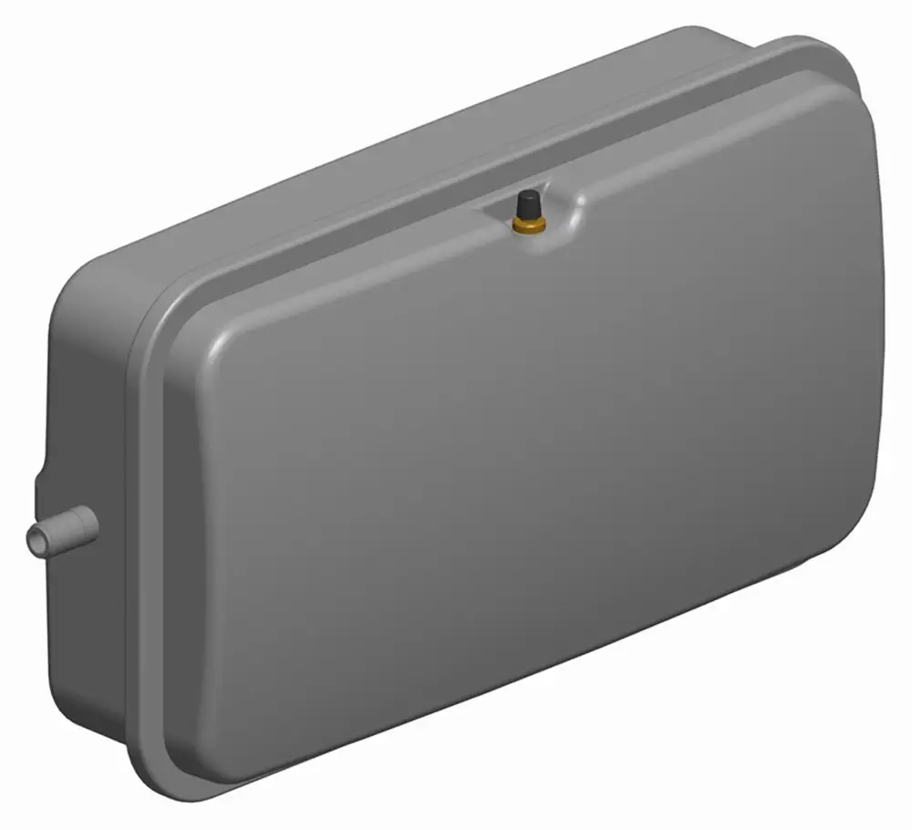 Graues internes Ausdehnungsgefäß mit zwei Anschlüssen, geeignet für Daikin-Systeme. Das Produkt zeigt eine rechteckige Form und ist schlicht gehalten.